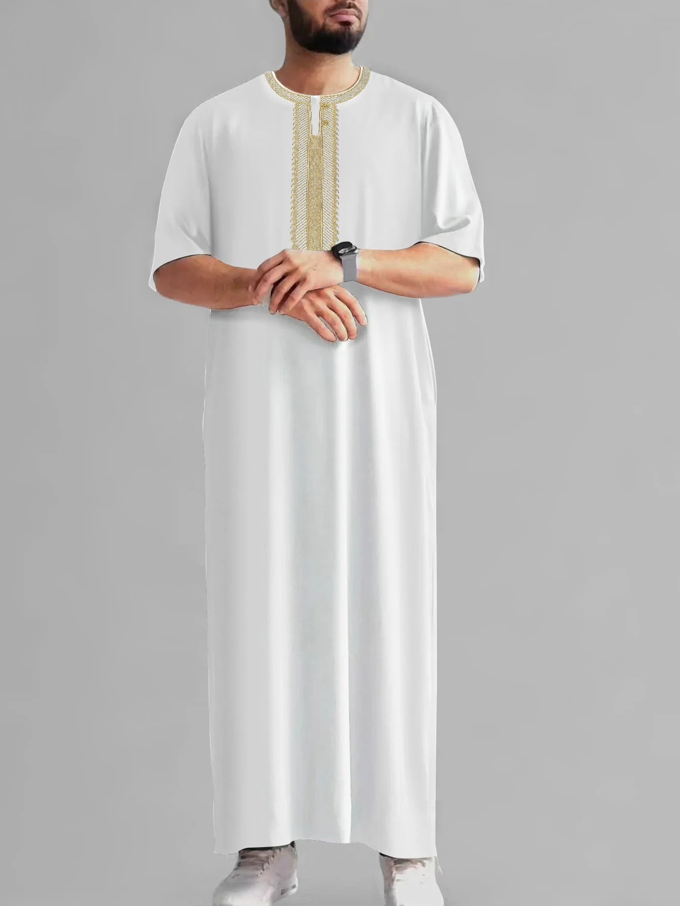 2026 New Men's Muslim Thobe Mid Long Sleeve Arab Ethnic Retro Vintage Loose Fit Islamic Robe Abaya Dubai Saudi Ramadan Eid