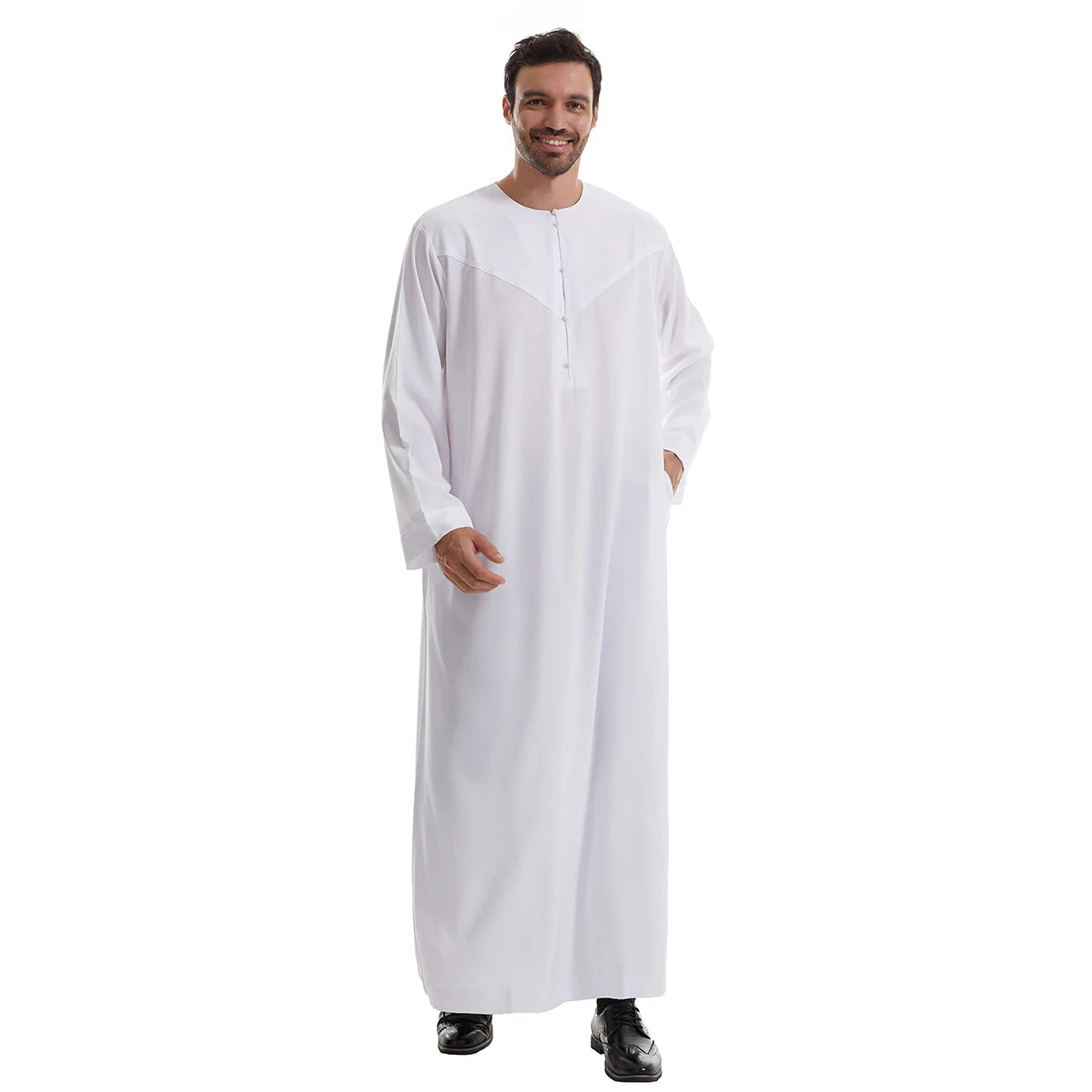 TH839 Men's Muslim Middle Eastern Men Long Sleeves Pure Color Buckle Robe Ramadan Eid Jubba Thobe