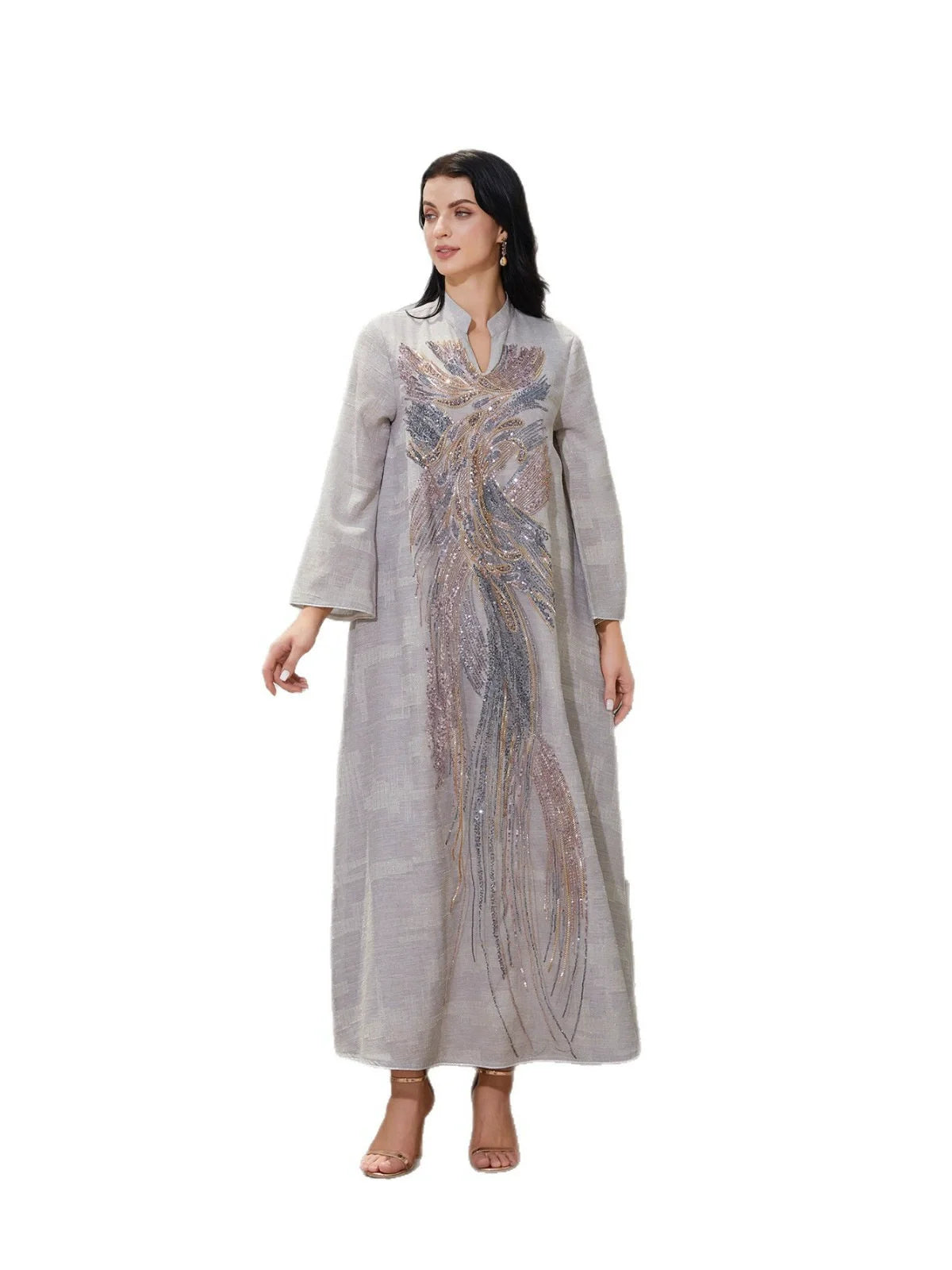 Middle East Dubai Saudi Arabia Muslim Luxury Fashion Islamic Ramadan Women's Dress Mesh Bead Heavy Industry Abaya Robe