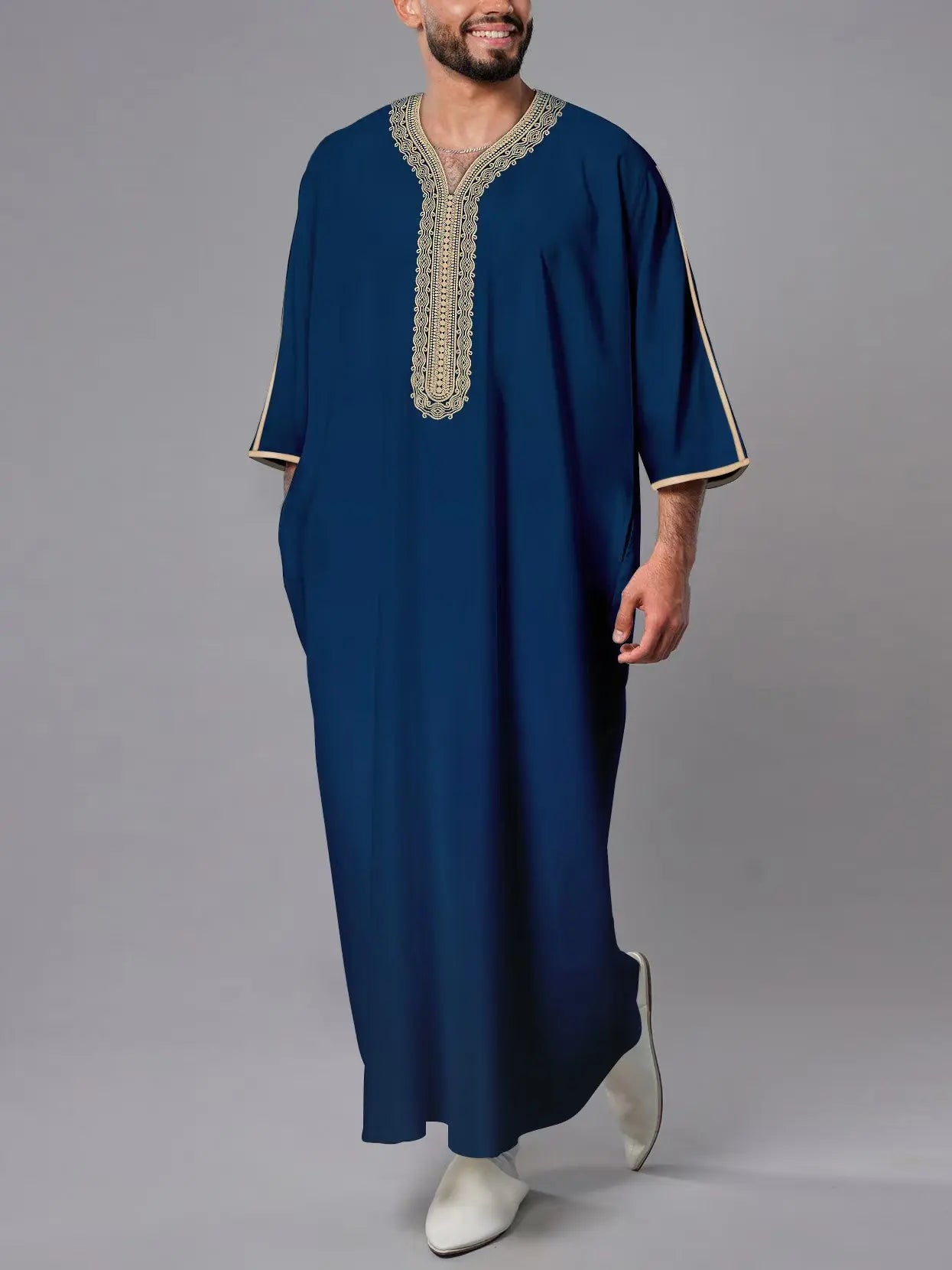 Ethnic Style Kandouras Thobe for Men Jabador Gandoura Side Pockets Embroidery Abaya Long Sleeve Muslim Kaftan Vintage White Robe