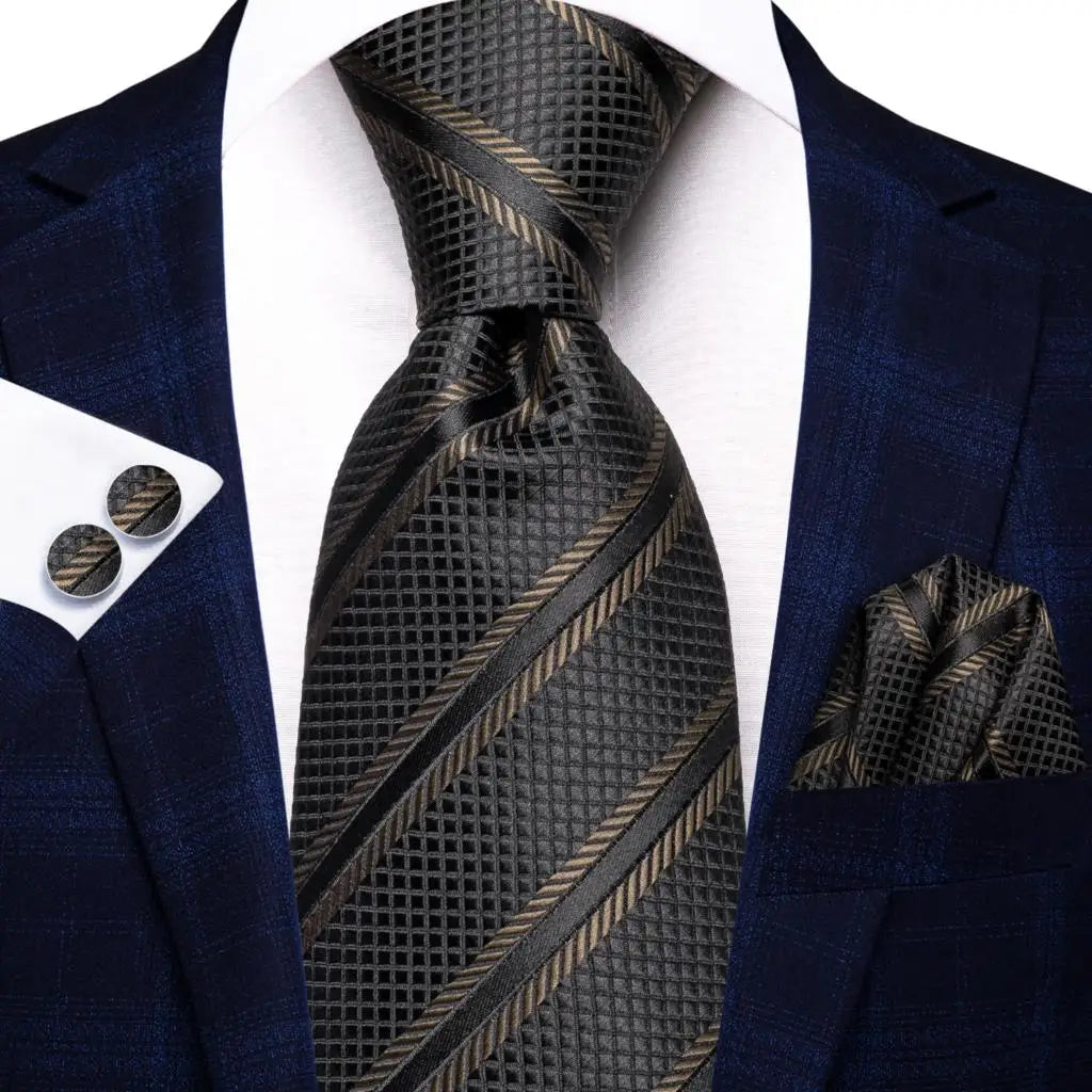 Hi-Tie Men Fashion Striped Navy Blue Necktie Handkerchief Cufflinks for Tuxedo Accessory Classic Silk Luxury Tie for Man Gift