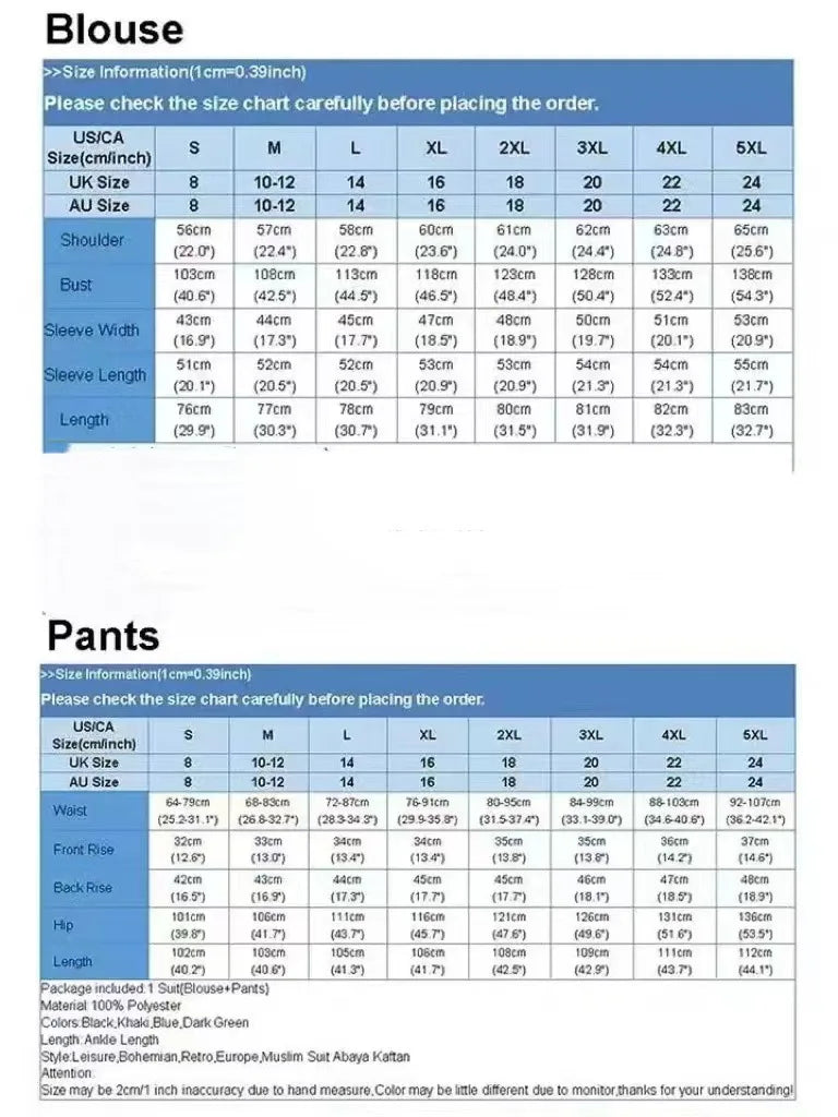 Women Casual Muslim Suit Solid Abaya Eid Ramadan Long Sleeve Blouse+Pants 2 Piece Set Dubai Turkey Kaftan Women Islamic Clothing