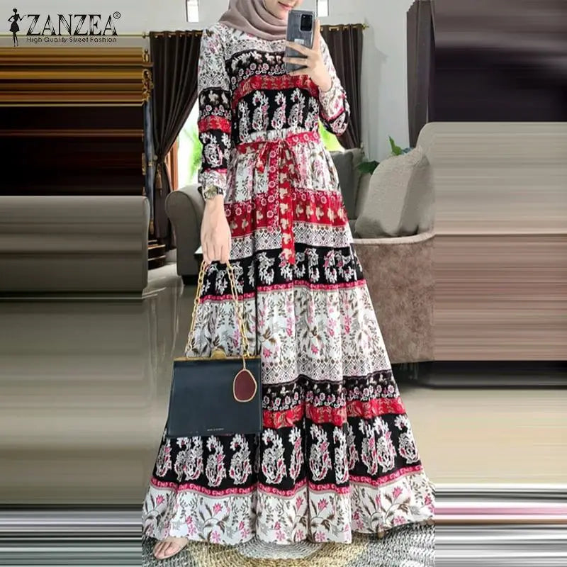 ZANZEA Bohemian Muslim Abaya Women Elegant Robe Stylish Floral Printed Maxi Dresses Casual Loose Ramadan Vestidos Kaftan 2024