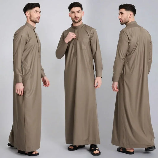 Mens Qatar Thobe with Pocket Design Stand Collar Arabic Middle East Menswear