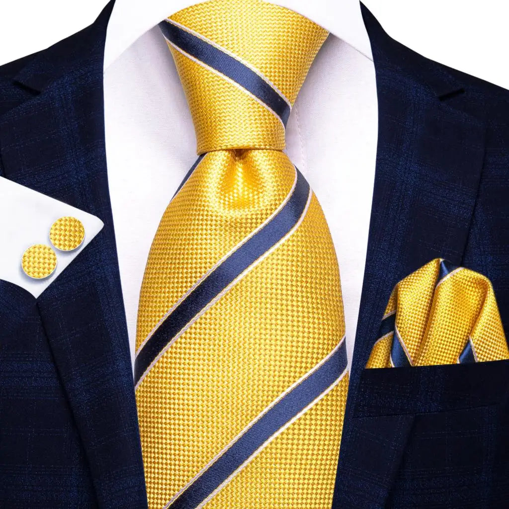 Hi-Tie Men Fashion Striped Navy Blue Necktie Handkerchief Cufflinks for Tuxedo Accessory Classic Silk Luxury Tie for Man Gift