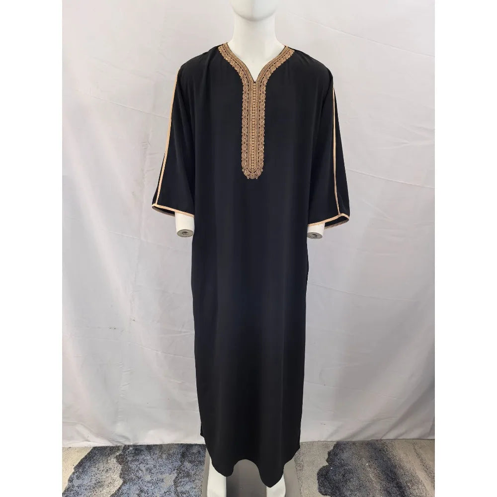 Men's Moroccan Style Thobe - 3/4 Sleeve Arabic Robe with Side Pockets, Ethnic Middle Eastern Loose Fit Muslim Wear