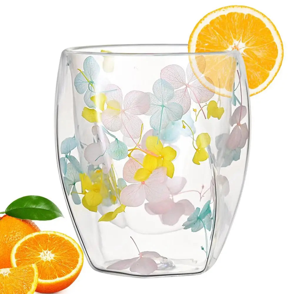 Dried Flower Double Wall Clear Glass Coffee Mugs Dried Flower Decorated Coffee Cup Milk Mug Heat Insulation Coffee Cup 350ml