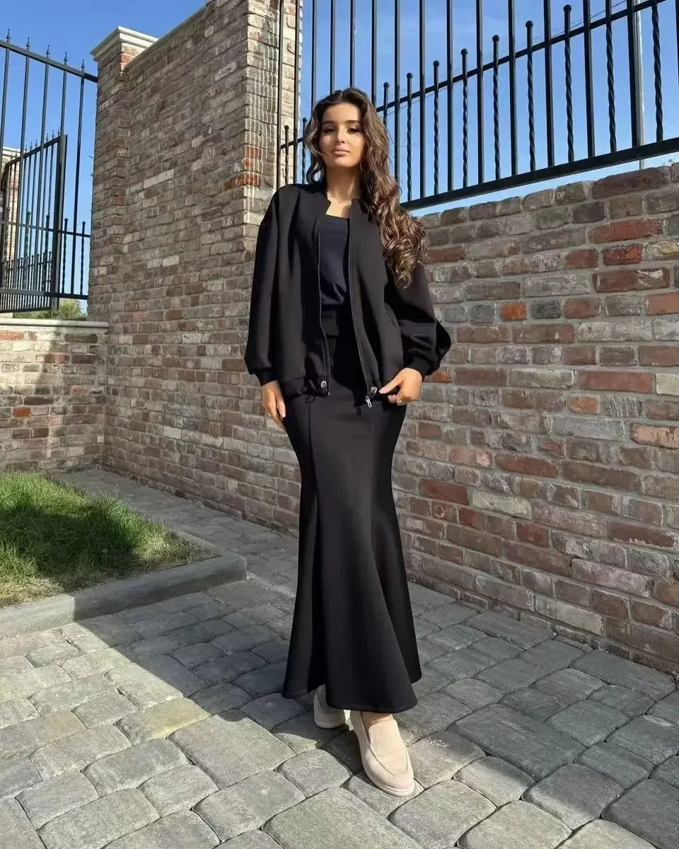 Women 2 Piece Set Coat Long Skirt Suit Zipper Jacket Morocco Dubai Islam Casual Ensemble Muslim Femme 2025 Skirts Outfits