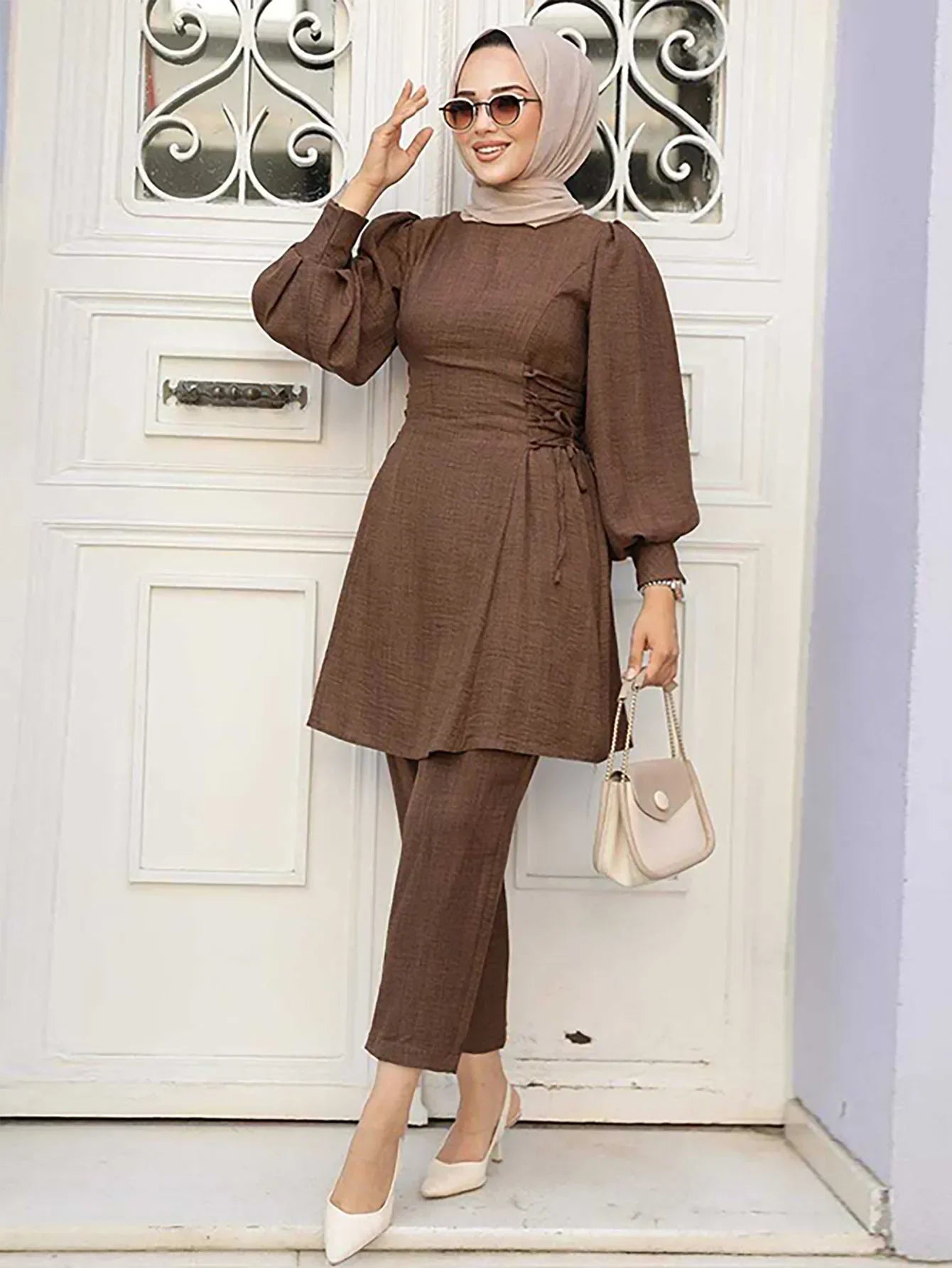 Muslim Women 2 Piece Set Women Lace Up Long Top Shirt Straight Pants Suit Ramadan Morocco Dubai  Ensemble Trousers Arabic Outfit