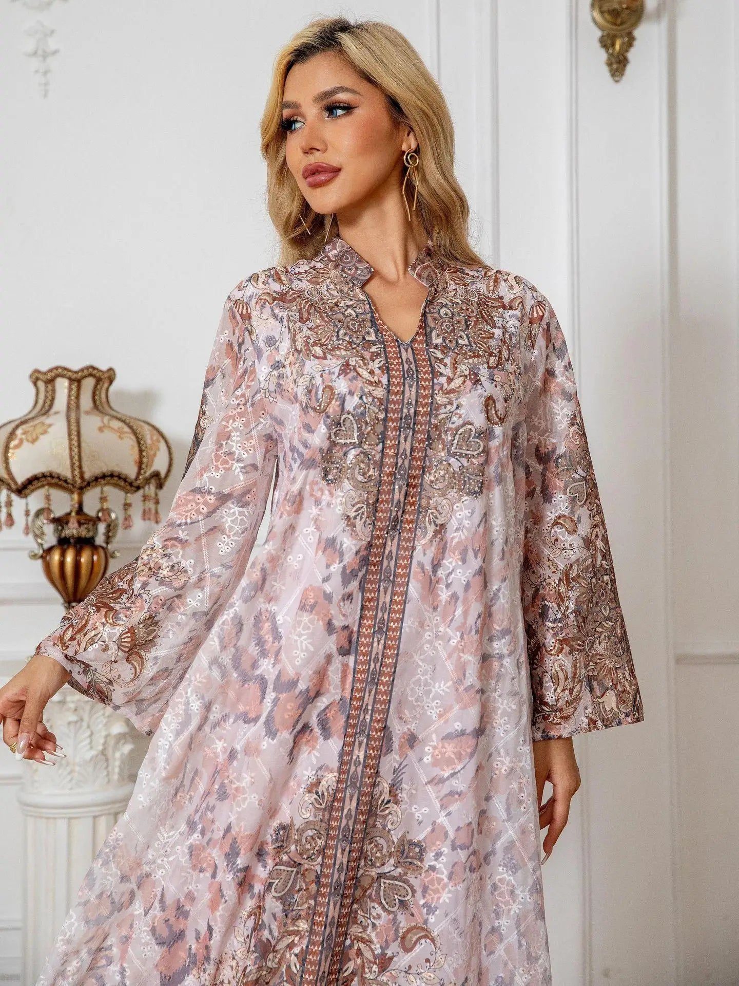 Embroidered Rhinestone Abaya Long Sleeve Modest Maxi Abaya Middle East Muslim Traditional Abaya Floral Glam Ramadan Kaftan
