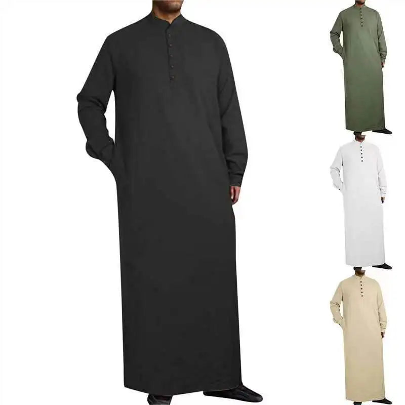 2026 Arabic Style Long Men's Stand Collar Button Muslim Robe for Men