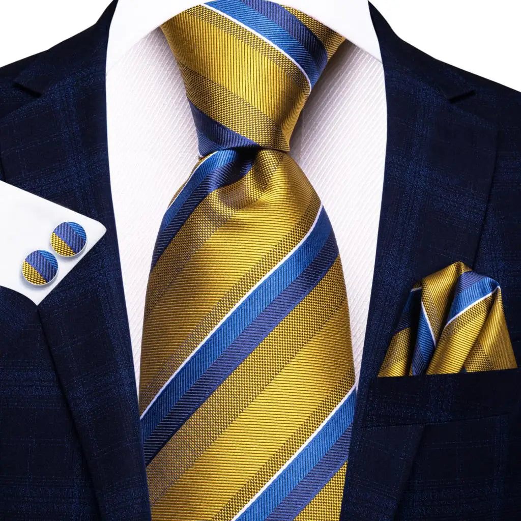 Hi-Tie Men Fashion Striped Navy Blue Necktie Handkerchief Cufflinks for Tuxedo Accessory Classic Silk Luxury Tie for Man Gift