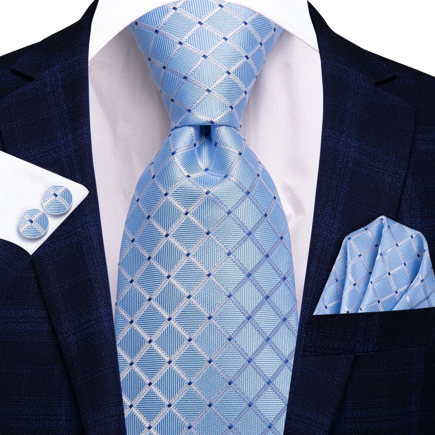 Hi-Tie Fashion 8.5cm Black Plaid Dots Men's Elegant Tie Handkerchief Cufflinks Set Wedding Party Accessories Gift for Men Gravat