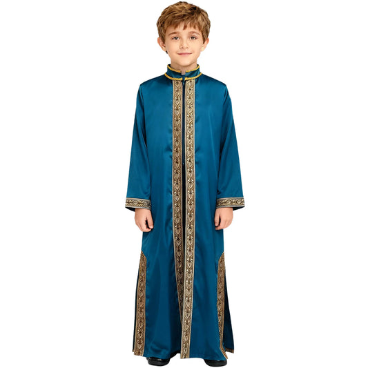 Boys Gold Embroidery Maxi Muslim Thobe Kaftans Arab Gown Islamic Robe Cosplay Long Sleeves Coats Festival Holiday Costume