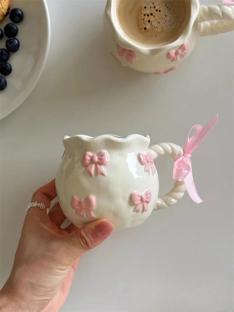 Cute Bow Thickened Ceramic Cup Hand Bow Irregular Mug Cups Coffee Milk Drinks Cup