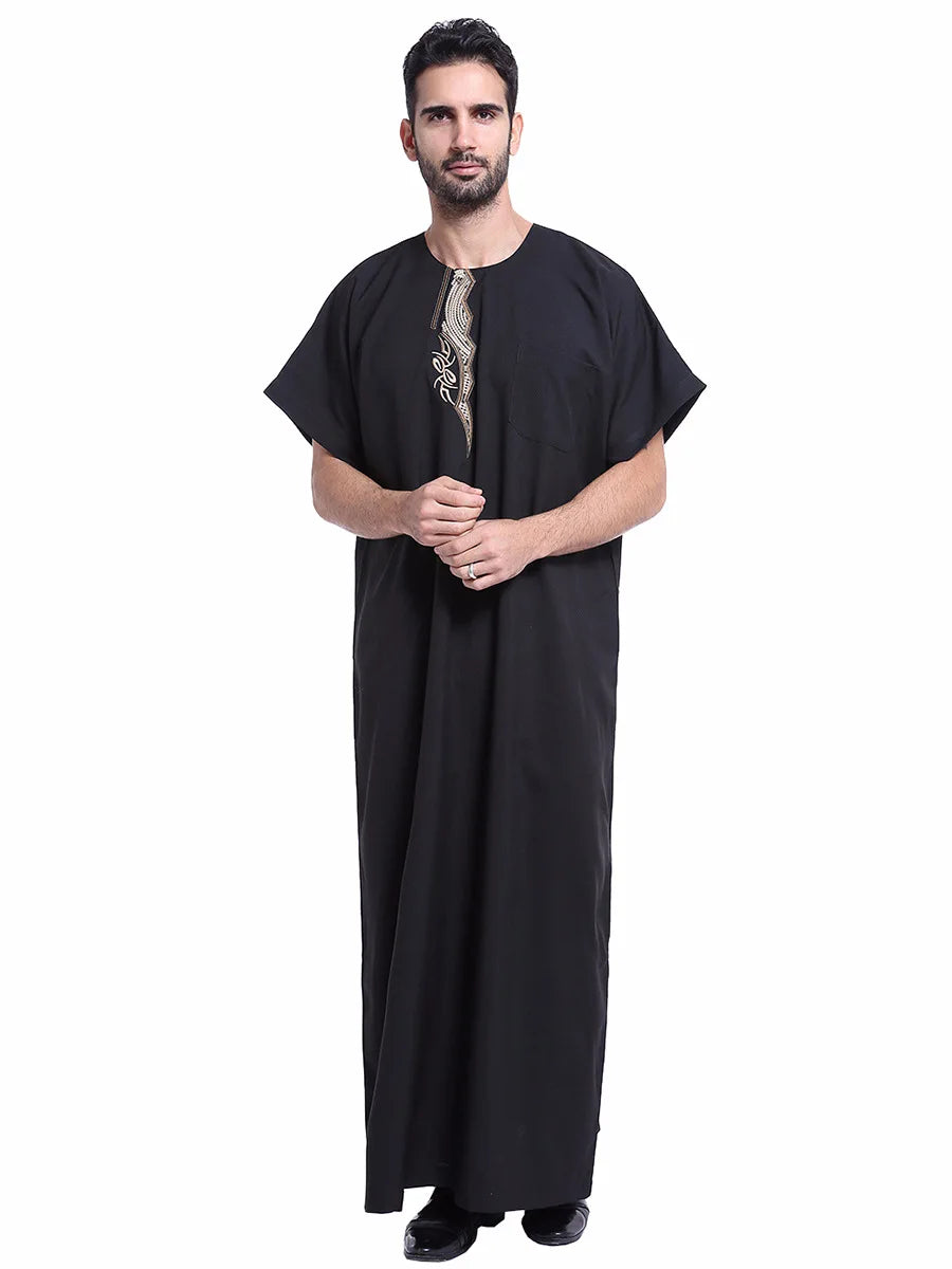 Muslim Kaftan for Men Round Collar Blue White Spring Elegant Robe Arab Vintage Long Sleeves Thobe Robe Turkey Embroidered