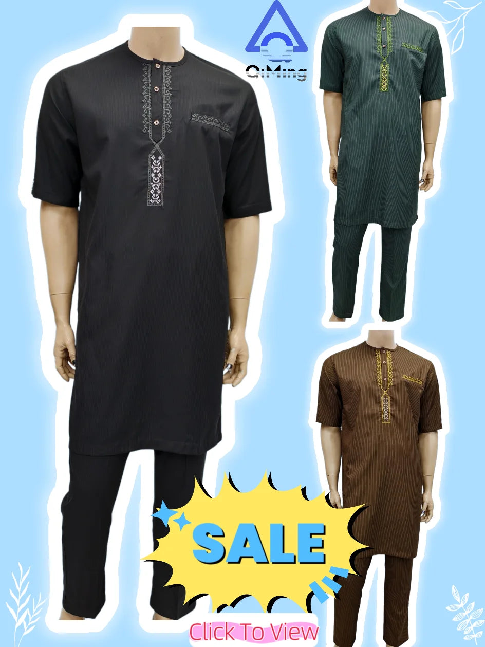 African Muslim Islamic Men's Modern Fashion Prayer Eid Robe Long Sleeve Round Neck Embroidered Arabian Jubba Thobe Clothing