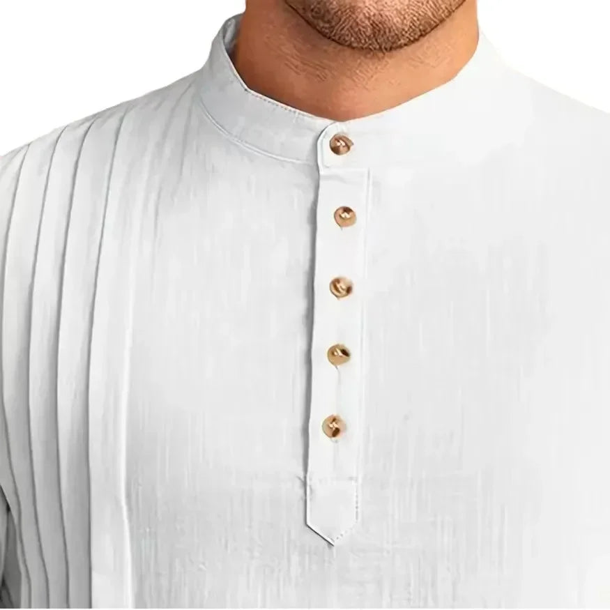 2025 New Muslim Middle East Arab Malaysia Men's Button Cotton Line Shirt Muslim Robe
