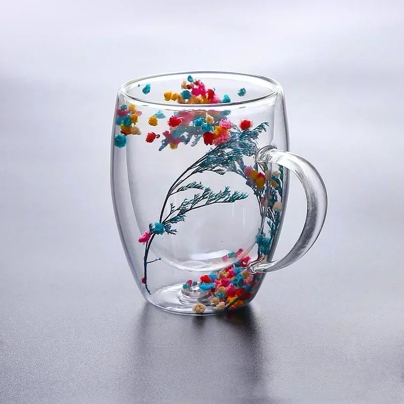 350ml Double Wall Glass Coffee Mug with Handles Clear Milk Cups Gifts Glass Cup Fill Artificial Simulation Flowers Teacup Gift