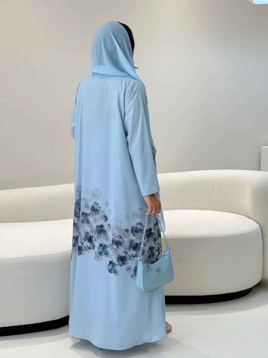 Muslim Women Arabic Dubai Abaya Chiffon Print Kimono Cardigan Long Dress With Hijab Modest Kaftan Robe Femme Islamic Clothing
