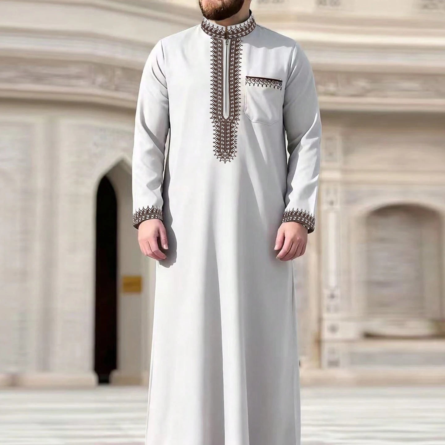 Arab Muslim Men's Robe  Ethnic Style Embroidered Moroccan Style Casual Traditional Islamic Thobe Long Dress Prayer Gown