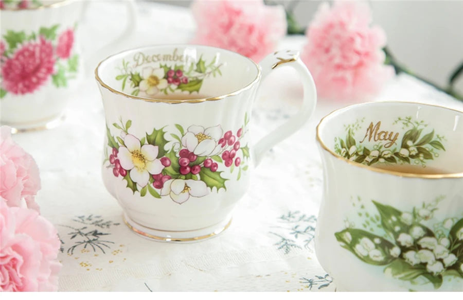 Retro Coffee Mug Ceramic Exquisite Seasonal Flower Printed Couple Cup Bone China Creative Gift Home Drinkware Breakfast Milk Mug
