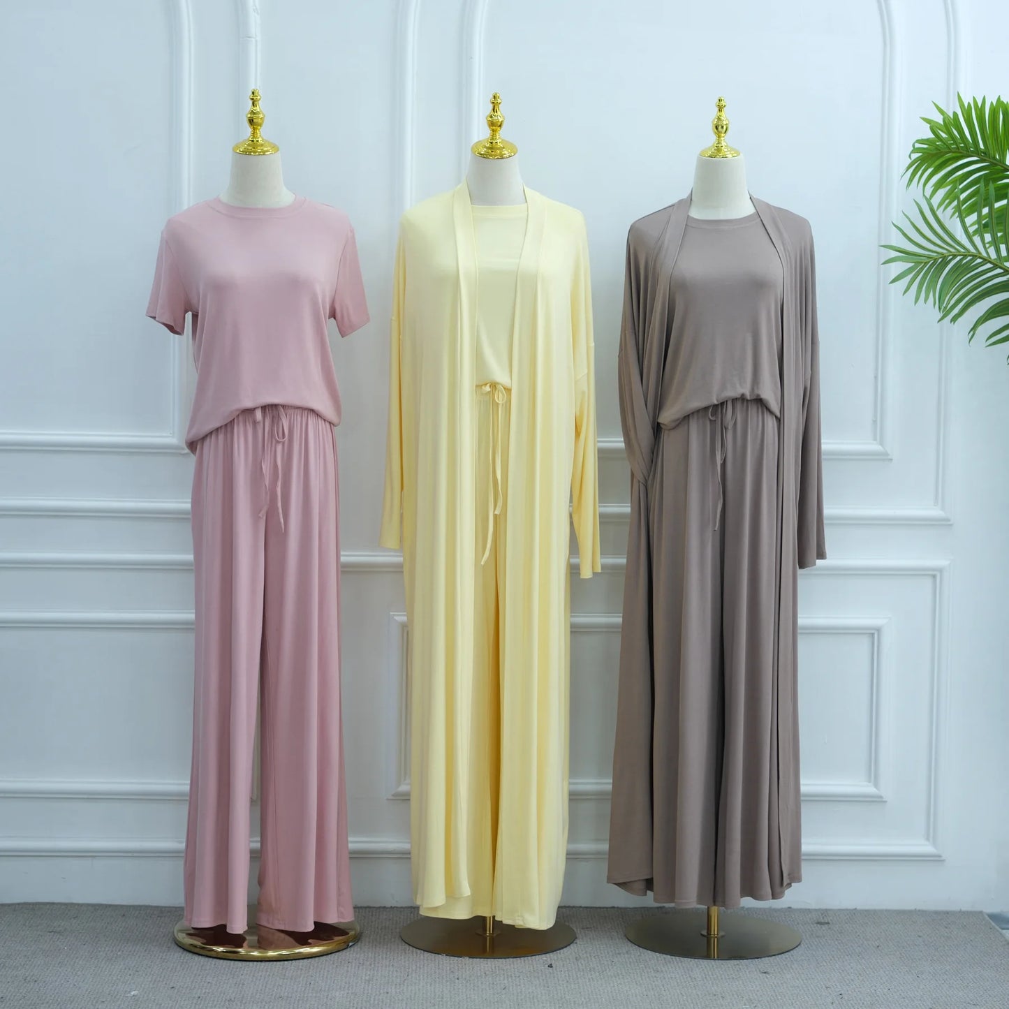 Muslim 3 Piece Set Women Cardigan Shirt Wide Leg Pant Blouse Top Suit Musulman Ensemble Dubai Casual Femme Outfits Solid Casual