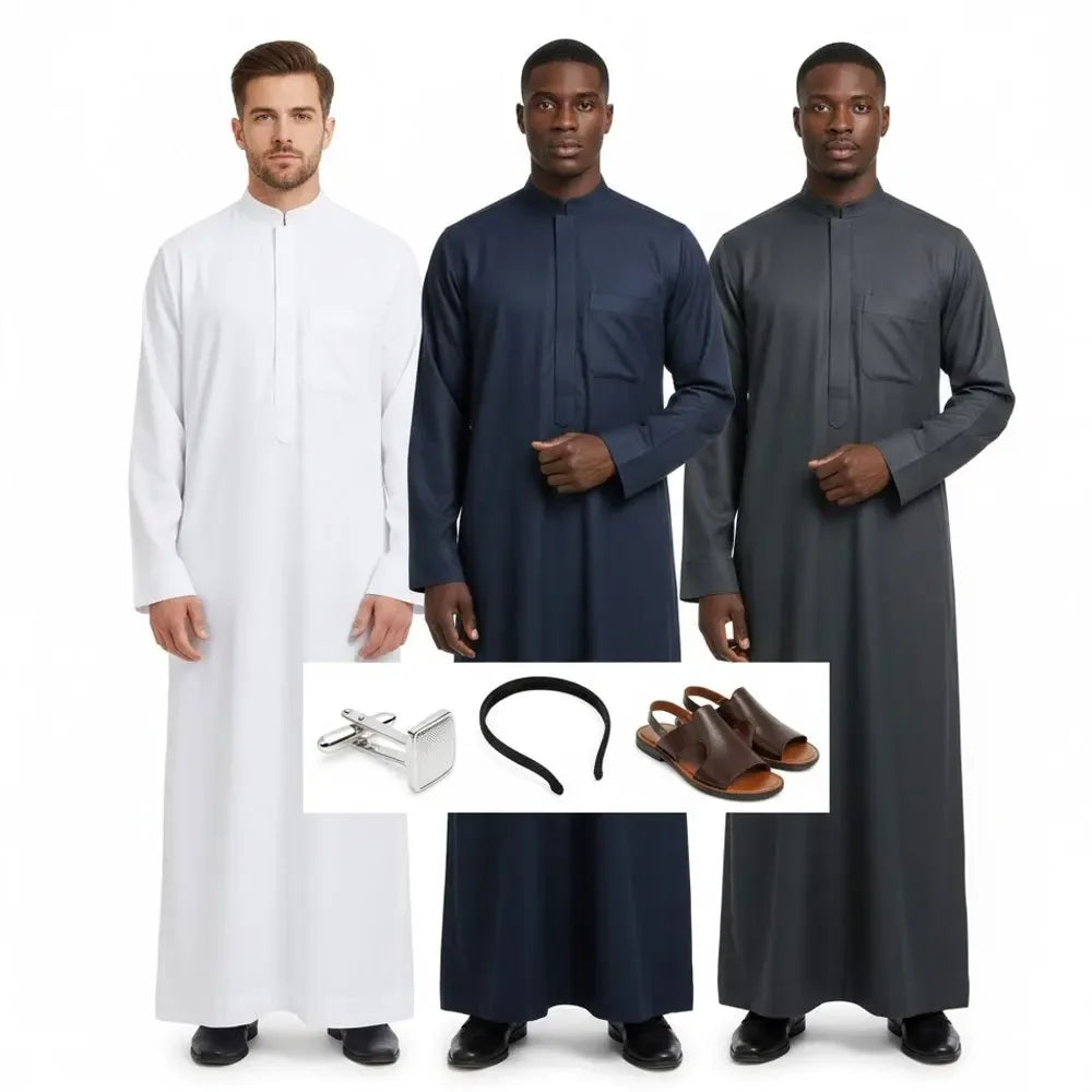 Muslim Robe for Men Loose Silhouette Stand Collar & Crew Neck, Classic Arabic Middle Eastern Traditional Clothing for Daily Wear