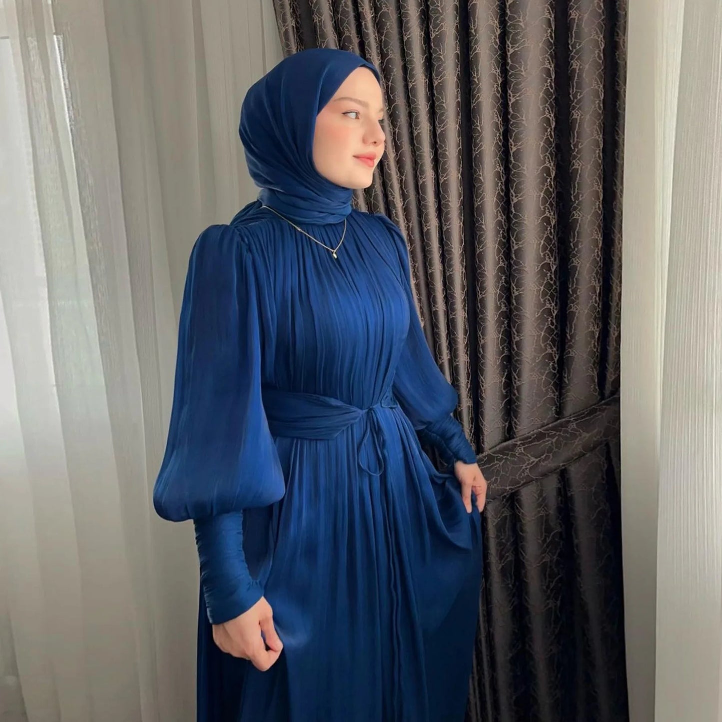 Eid Abaya Modest Muslim Dresses for Women Cuff Sleeves Wrinkle Evening Party Maxi Dress Jalabiya Islamic Clothing Kaftan Robe