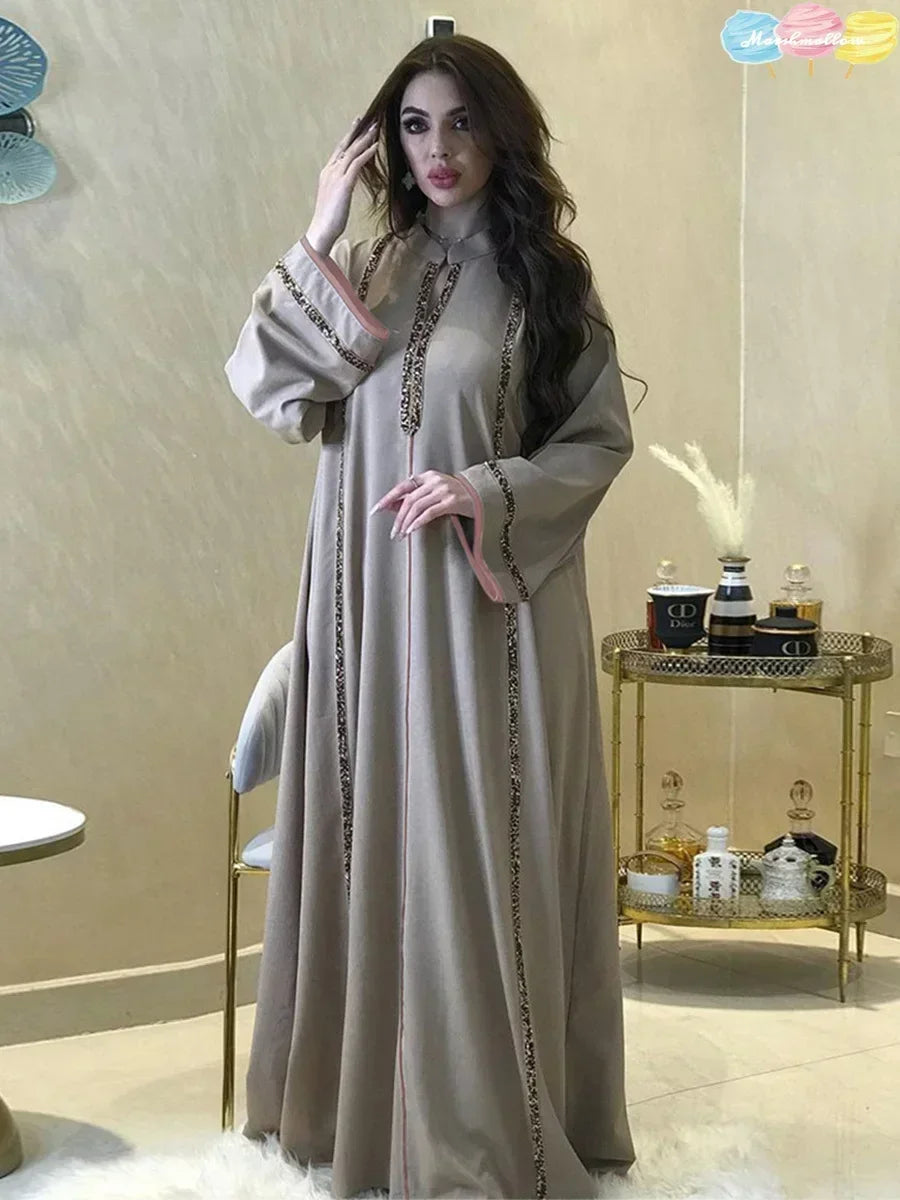 Ramadan Abaya Femme Musulmane Moroccan Kaftan for Woman Fashion Solid Diamonds Full Sleeve Loose Turkish Dubai Robe