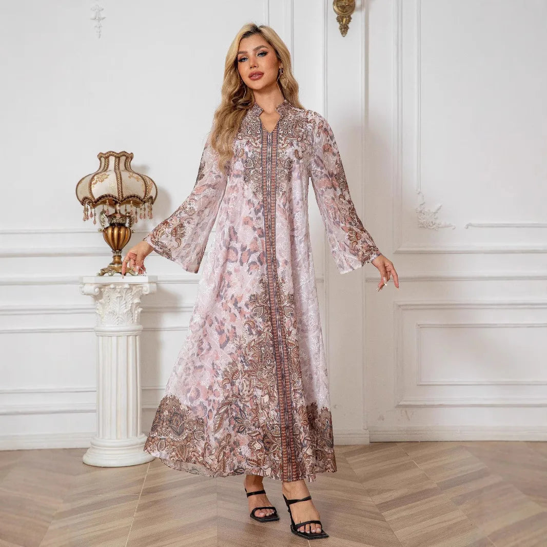 Embroidered Rhinestone Abaya Long Sleeve Modest Maxi Abaya Middle East Muslim Traditional Abaya Floral Glam Ramadan Kaftan