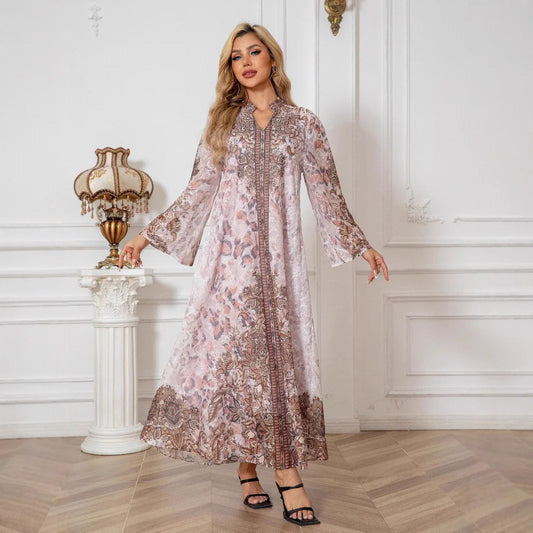 Embroidered Rhinestone Abaya Long Sleeve Modest Maxi Abaya Middle East Muslim Traditional Abaya Floral Glam Ramadan Kaftan