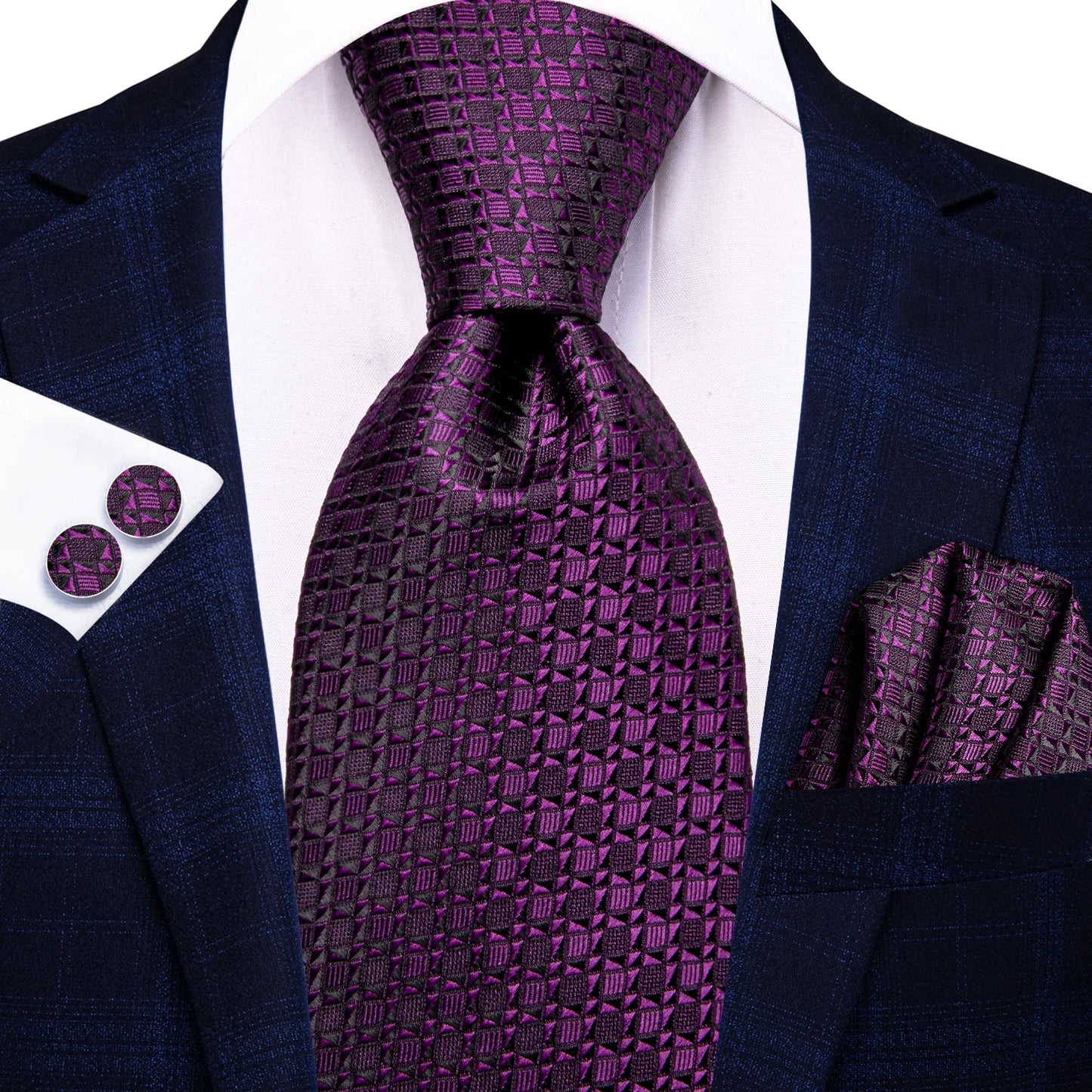 Hi-Tie Fashion 8.5cm Black Plaid Dots Men's Elegant Tie Handkerchief Cufflinks Set Wedding Party Accessories Gift for Men Gravat