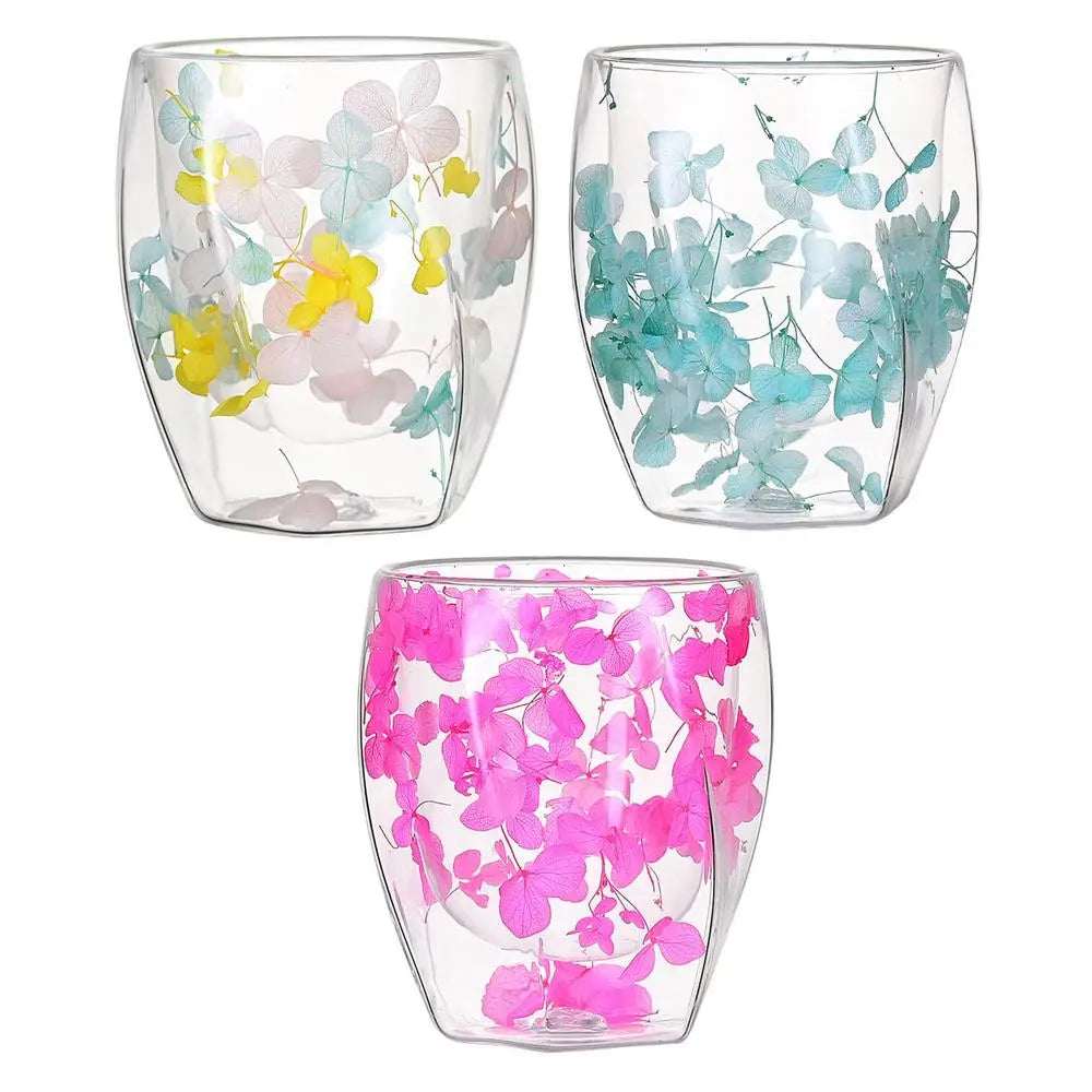 Dried Flower Double Wall Clear Glass Coffee Mugs Dried Flower Decorated Coffee Cup Milk Mug Heat Insulation Coffee Cup 350ml