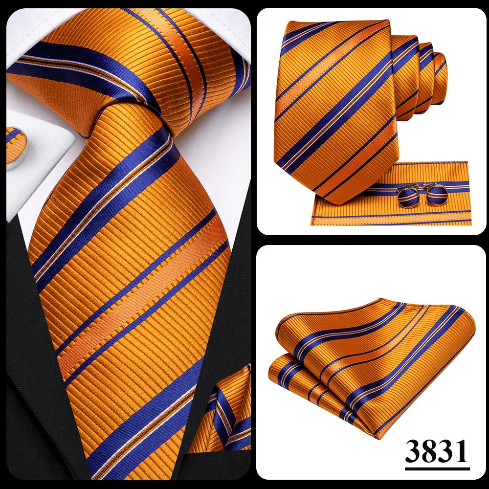 Hi-Tie Men Fashion Striped Navy Blue Necktie Handkerchief Cufflinks for Tuxedo Accessory Classic Silk Luxury Tie for Man Gift