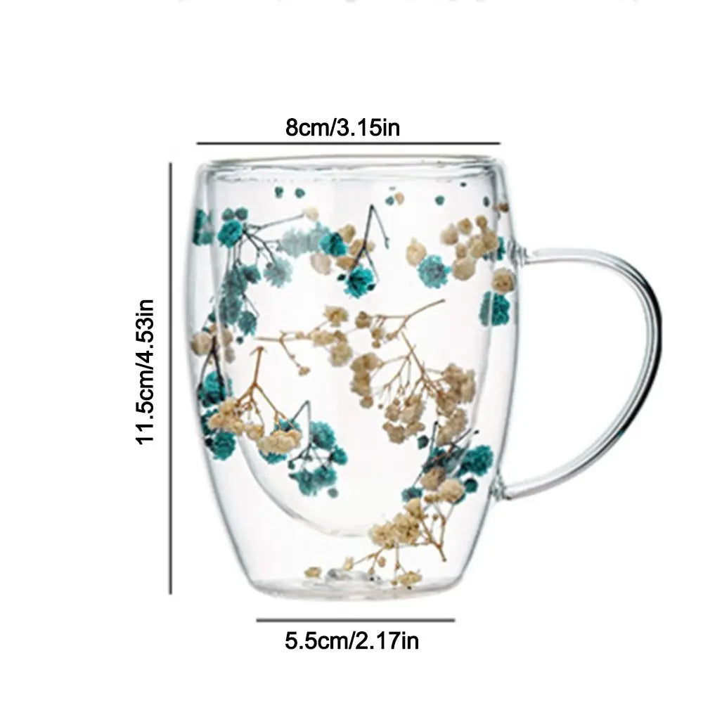 Creative 350ml Dried Flowers Glass Mugs Heat Resistant Gypsophila Double Wall Glass Cup with Handle Coffee Mug Home&Office