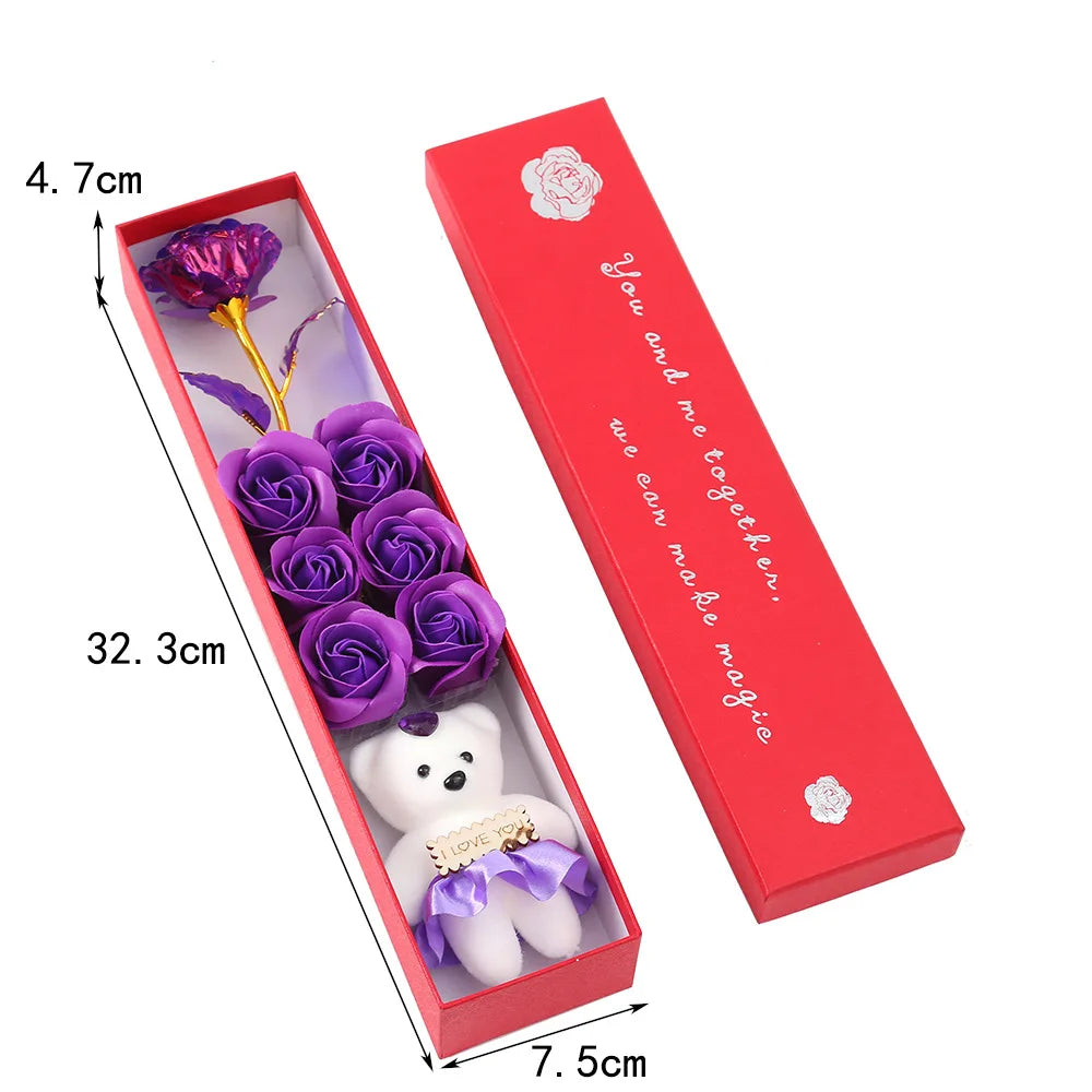 6Heads Flowers Soap Flower Gift Rose Box Valentines Day Gift Bears Bouquet Wedding Decoration Gift Festival Heart-shaped Box