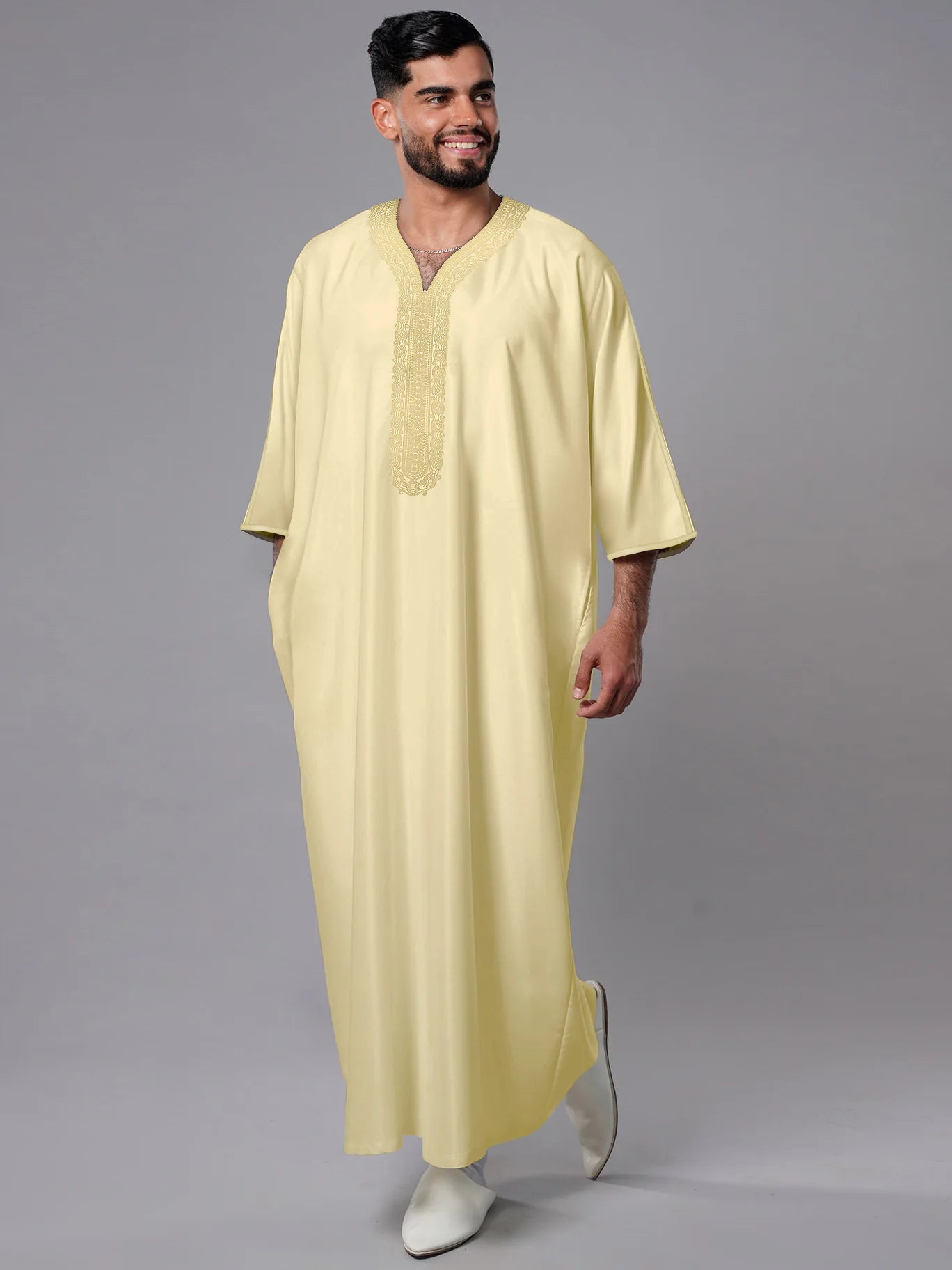 Ethnic Style Kandouras Thobe for Men Jabador Gandoura Side Pockets Embroidery Abaya Long Sleeve Muslim Kaftan Vintage White Robe