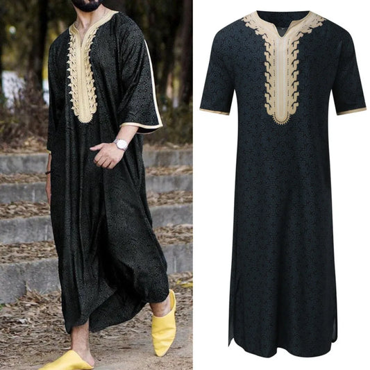 Men's Arabian Thobe - Summer V-Neck Short Sleeve Robe, Loose Fit Muslim Islamic Clothing for Casual Wear