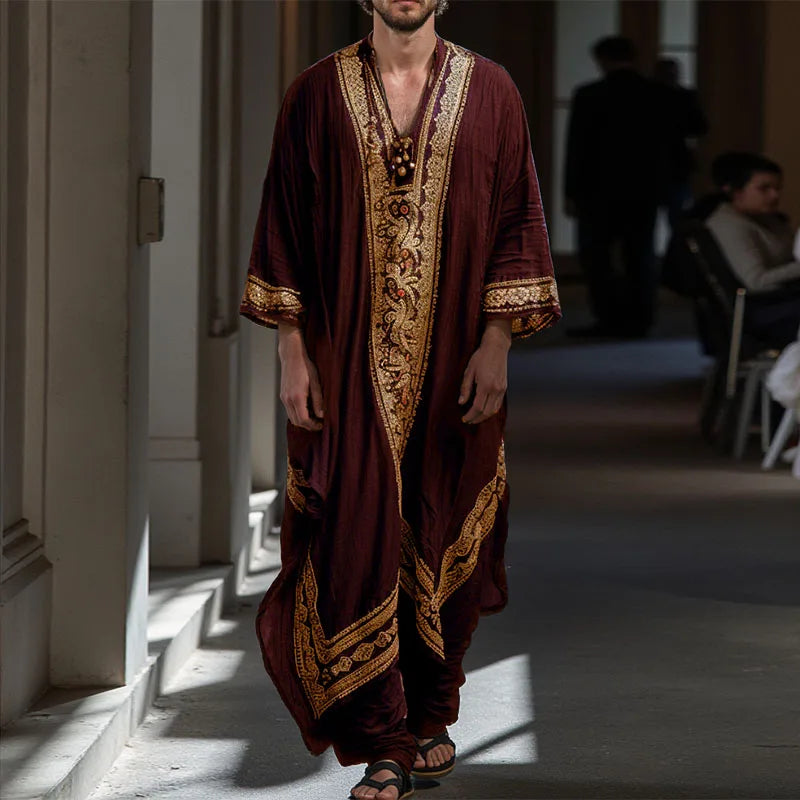 INCERUN Men Jubba Thobe Printing Patchwork V Neck Long Sleeve Male Robes Muslim Kaftan Loose 2025 Arab Casual Men Caftan Abaya