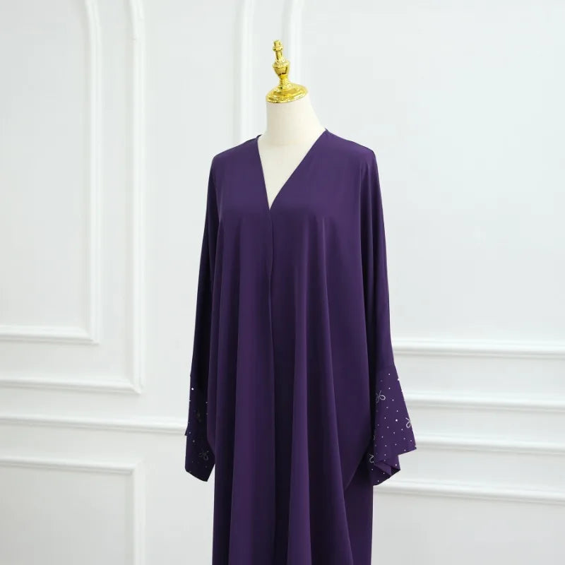 Luxury Dubai Abaya with Beaded Bow Modest Dress for Muslim Women Elegant Open Front Cover Cardigan Fashion Plain Turkey Outfit