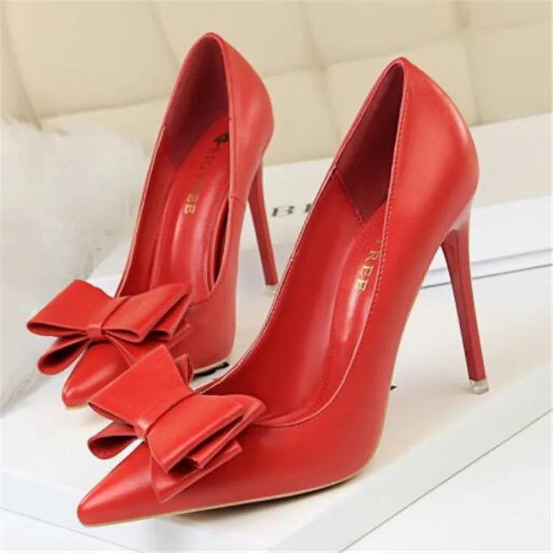 2025 Fashion Delicate Sweet Bowknot High Heel Shoes Side Hollow Pointed Women Pumps Pointed Toe 10.5CM thin Dress Shoes