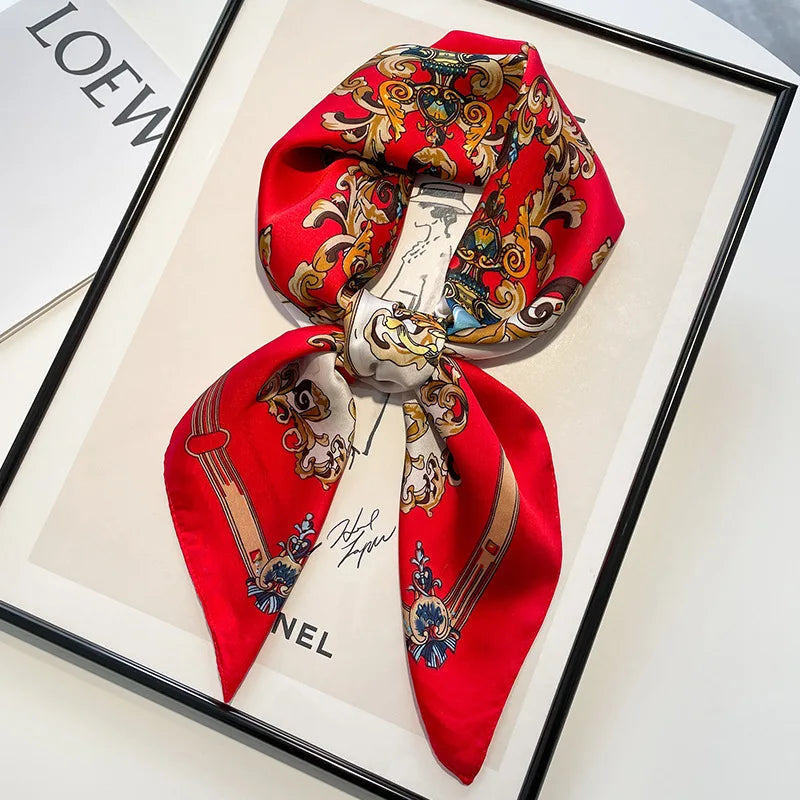 Handkerchiefs Hair Silk Scarf 70*70cm Print Satin Big Square Silk Scarves Shawls For Women Luxury Brand Designer Hijab Headband