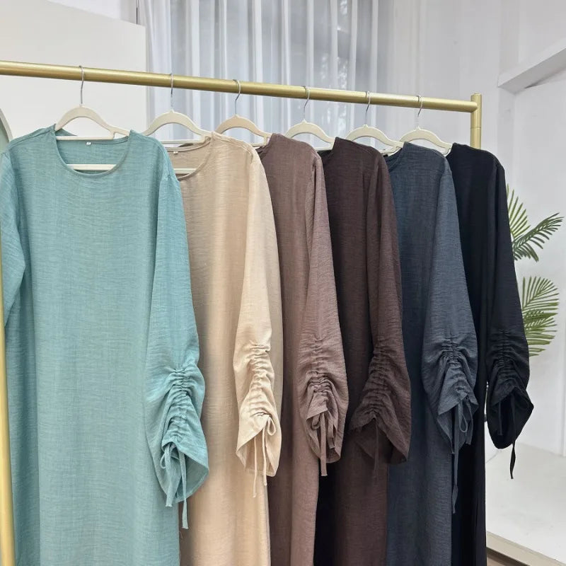 2024 Saudi Arabia Muslim Women Modest Dress Eid Dubai Plain Abaya Islamic Holiday Party Solid Turkey Lace-up Cuffs Long Clothes