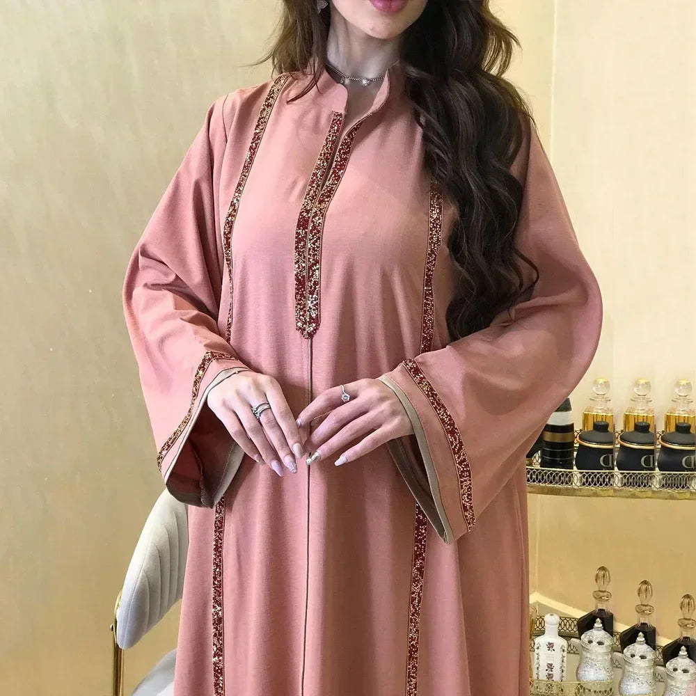 Ramadan Abaya Femme Musulmane Moroccan Kaftan for Woman Fashion Solid Diamonds Full Sleeve Loose Turkish Dubai Robe