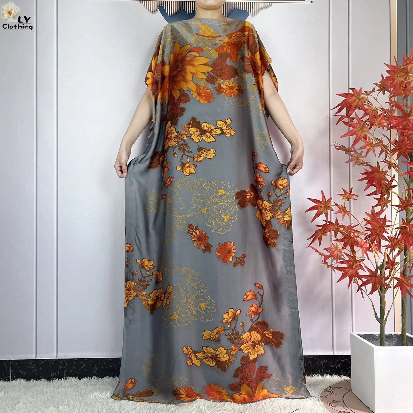 Muslim Abayas For Women 2023 New Fashion Printed Silk Soft Loose Femme Elegant Robe African Maxi Party Dresses With Belt Turban