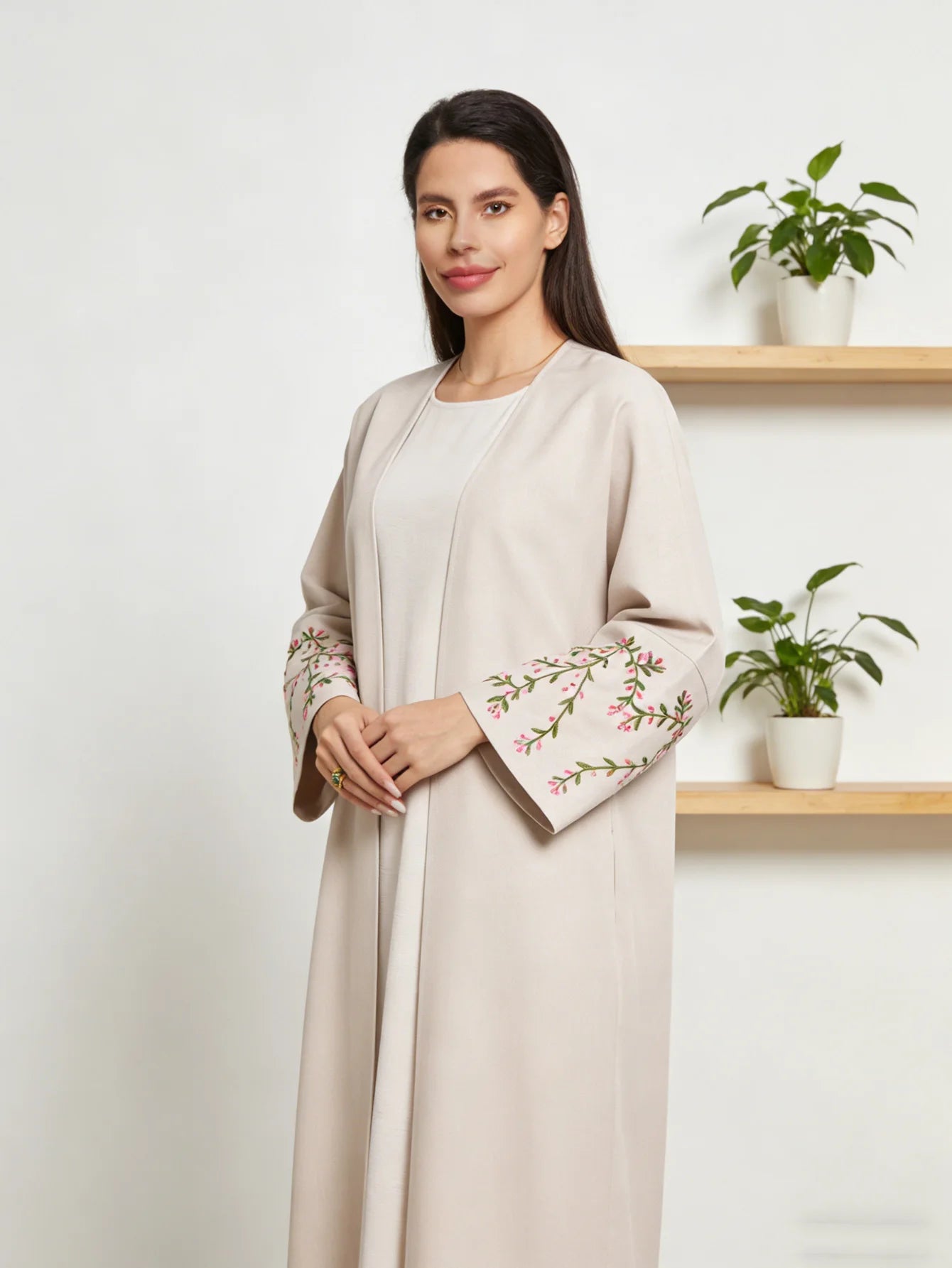 EID Ramadan Floral Embroidery Abaya Modest Clothing Dubai Abaya Turkey Linen Kimono Islamic Clothing