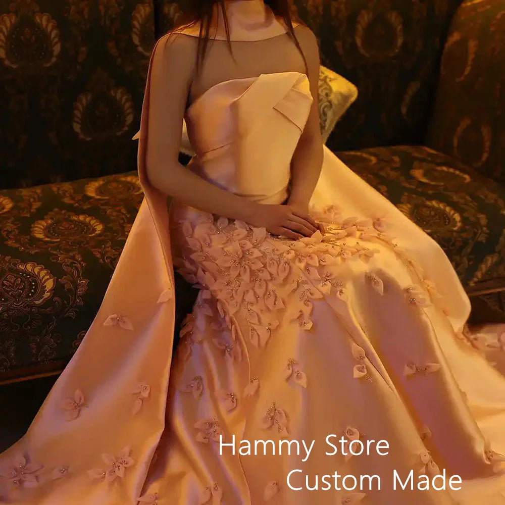 Luxury Evening Dress Handmade Floral Petals Beading Strapless Sleeveless Satin Mermaid Prom Dresses Saudi Arab Party Gown