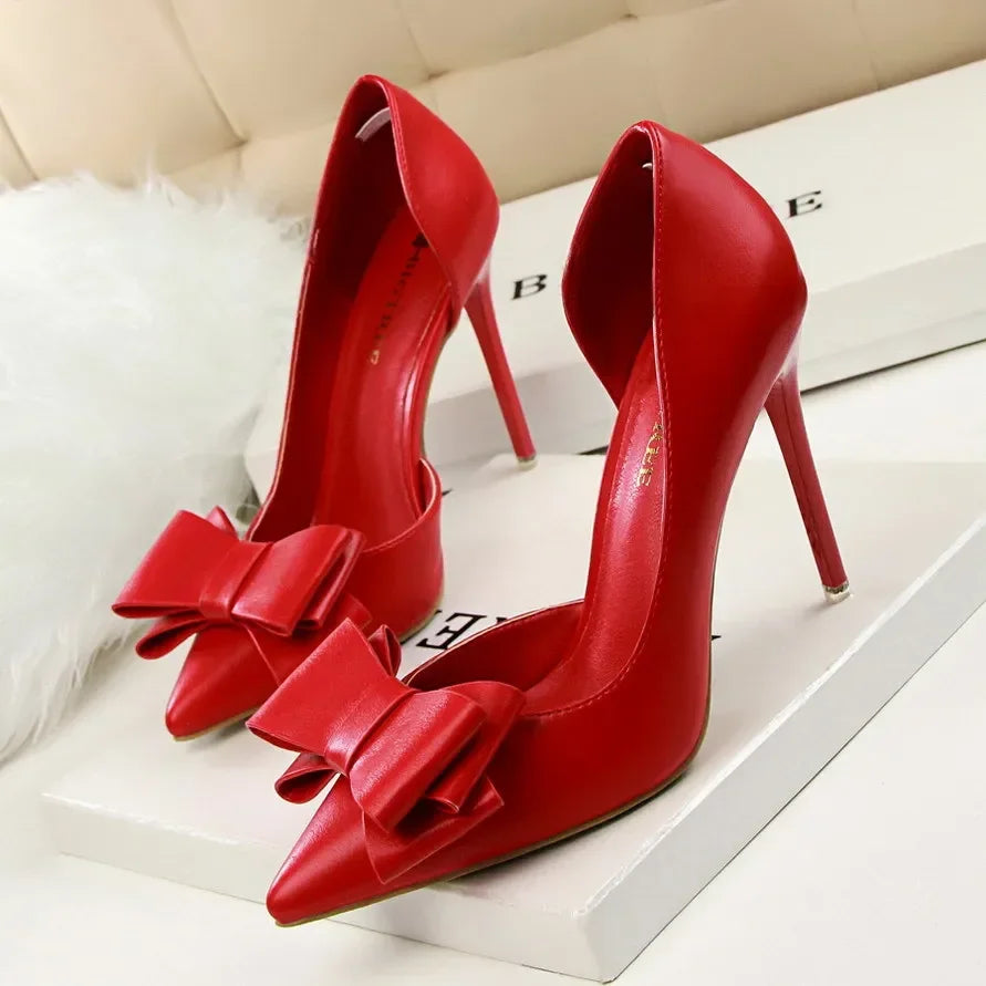2025 Fashion Delicate Sweet Bowknot High Heel Shoes Side Hollow Pointed Women Pumps Pointed Toe 10.5CM thin Dress Shoes