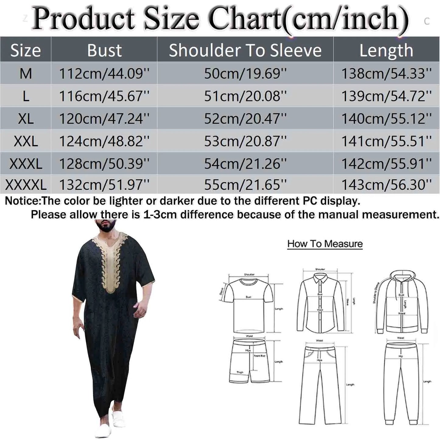 Moroccan Embroidered Islam Kaftan Muslim Clothing Men's Robe Half Sleeve V-Neck Loose Breathable Djellaba Abaya Thobe Caftan